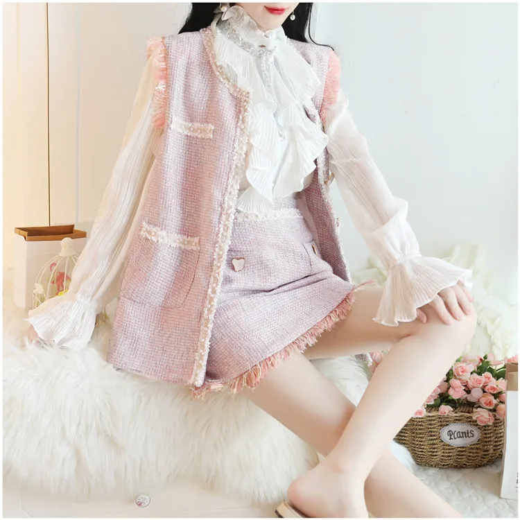 

Whole Shop Photo Shoot Autumn New Style Three-piece Set Pocket Waistcoat Coat + Flounced Long-sleeved Upper Garment Skirt