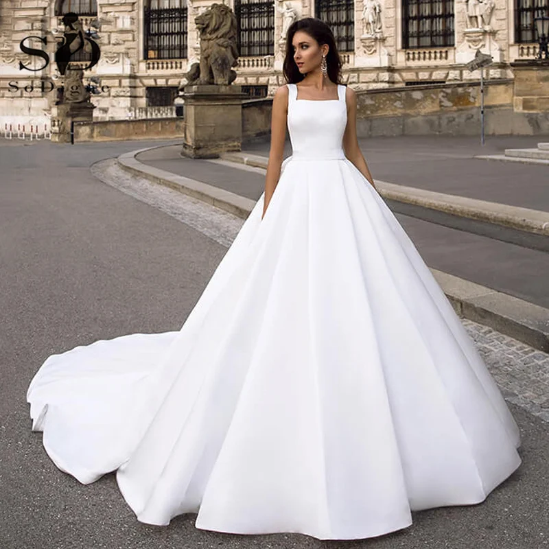 Satin African Wedding Dress Buttons Pockets A Line Lace Bridal Dresses Princess Wedding Party Gown Plus Size SoDigne Wedding Dresses