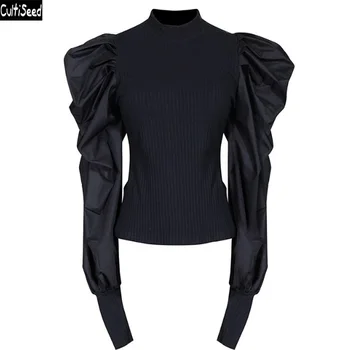 

Cultiseed Women Knitted T-Shirt Tees Female New Fashion Autumn Puff Sleeve Slim Waist T-shirt Tops Ladies Basic tshirts