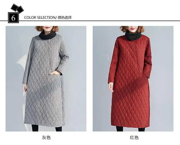4XL, плюс размер, повседневное зимнее плотное теплое платье, Женская водолазка, клетчатое длинное платье, Женская винтажная большой размер, свободное платье с карманами