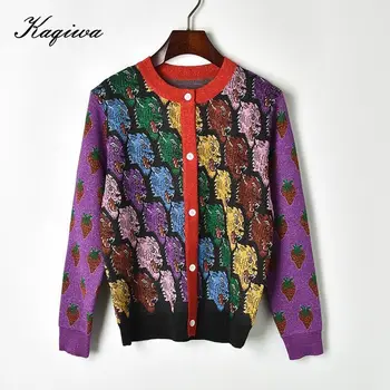 

2020 autumn and winter new gold line contrast tiger head strawberry sleeve round neck coat knitted sweater cardigan woman
