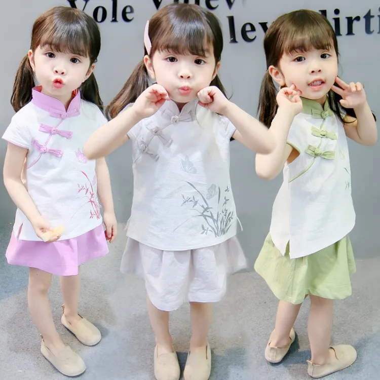 

Baby Girls Summer Wear Retro Chinese Clothing Cotton Linen Set New Products Fashion 2018 Summer Children Chinese Costume Two-Pie