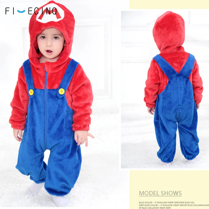 Baby Costume Mario Luigi Cosplay Costumes Little Boy Girl Warm Sleepwear Jumpsuit Hooded Anime Halloween Festival Gift Kids Suit
