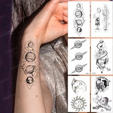 

Waterproof Temporary Tattoo Sticker Planet Starry Sky Universe Spaceman Circular Geometric Black Tatto Arm Fake Tatoo Man Woman