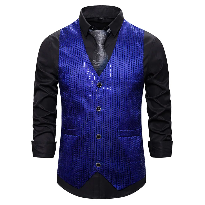 Men Vest Waistcoat Wedding Party Prom Glitter Sequinn Gilet Costume Homme Solid Single Breasted Slim Mens Dress Vests Clothing - Color: Royal blue