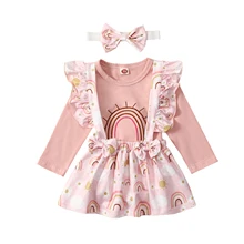 

OPPERIAYA Kids Rainbow Print Clothes Casual Set Baby Girls Long Sleeve O-neck T-shirt Ruffle Suspender Skirt Bow-knot Headband