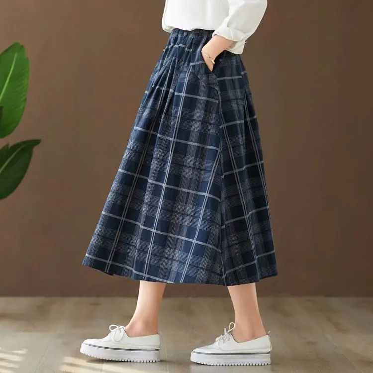

Spring And Autumn New Style Cotton Linen Washing Skirt Women's Mid-length Retro Plaid Skirt Slimming Versatile Skirt S106