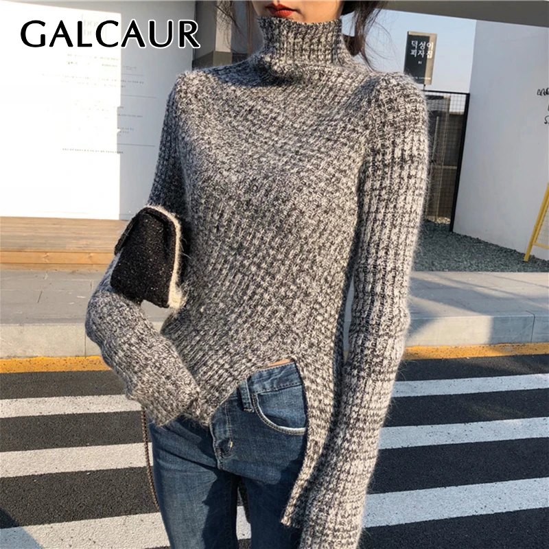 GALCAUR Casual Striped Knitting Sweater Women Turtleneck Long Sleeve Irregular Hem Pullovers Autumn Tide Sweaters Female Fashion | Женская