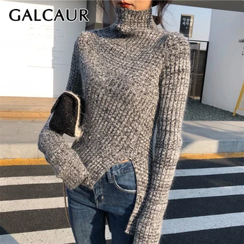

GALCAUR Casual Striped Knitting Sweater Women Turtleneck Long Sleeve Irregular Hem Pullovers Autumn Tide Sweaters Female Fashion