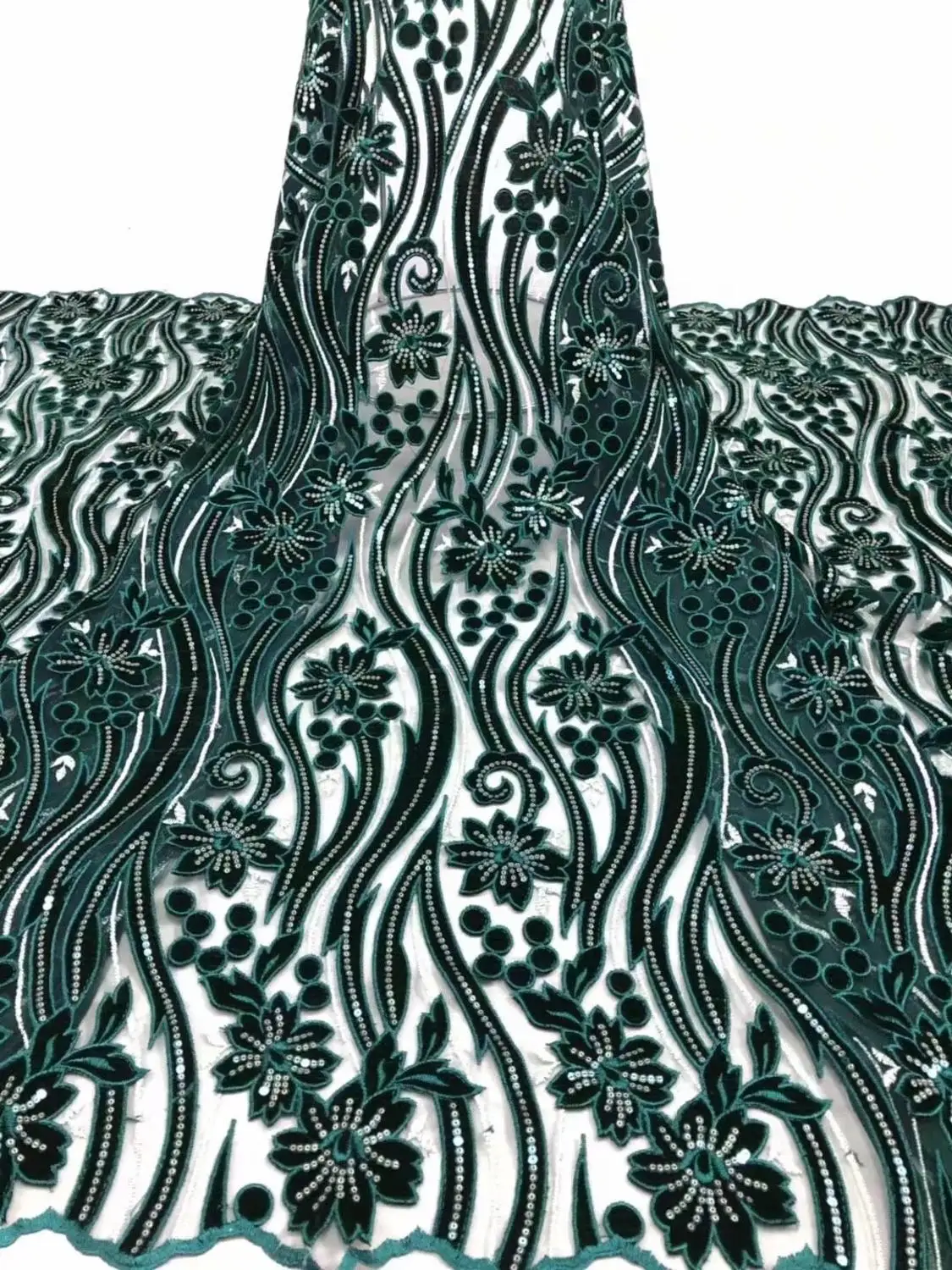 

African lace fabric 5yds/pce green sequins embroidery velvet mesh fabrics women gorgeous lagos party asoebi bella swiss bright