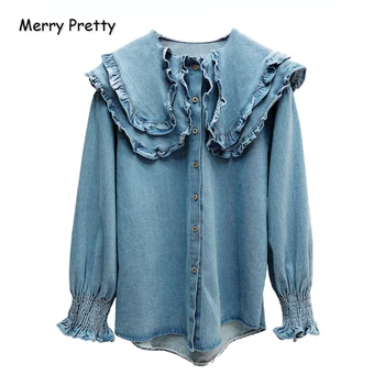 

Women's Denim Blouses Peter Pan Collar Ruffles Patchwork Blouse 2020 New Solid Blouse Sweet Style Ladies Basics Top MERRY PRETTY