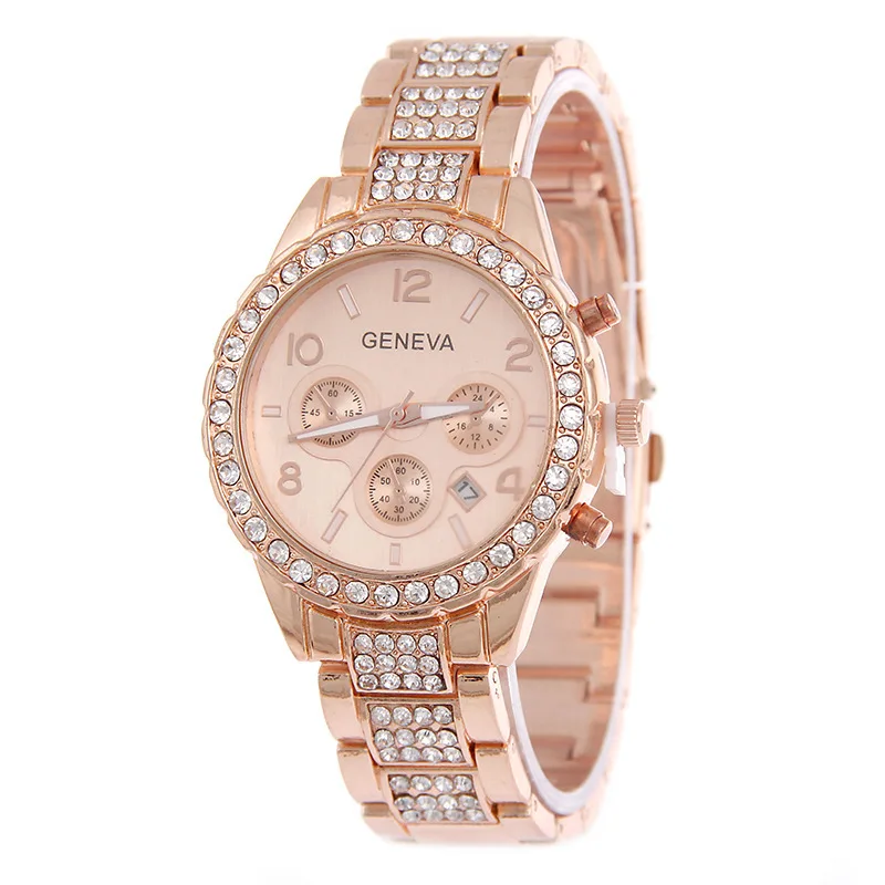

Foreign Trade Hot Selling Three Eye Diamond Set Calendar Steel Watch Fashion Geneva Top Grade Men And Women Fashion Watch Wholes