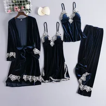 Традиционное женское платье с поясом, 4 шт., ночная сорочка размера плюс 3XL, ночная рубашка из велюра, повседневное интимное белье, пеньюар