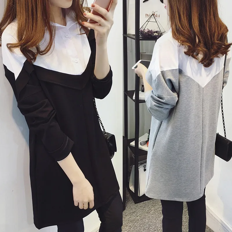 

2 Women Fashion College Wind Lapel Full Sleeve Length Sleeve Stitching Solid Color Loose Tops Versatile Mid-length Blouses