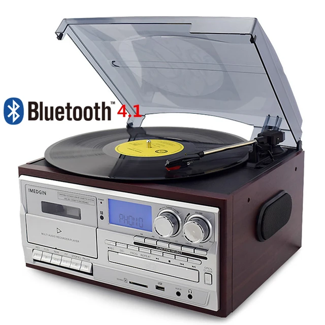 Reproductor de discos de vinilo Bluetooth con altavoces integrados,  tocadiscos de 3 velocidades por correa para discos de vinilo, conector de