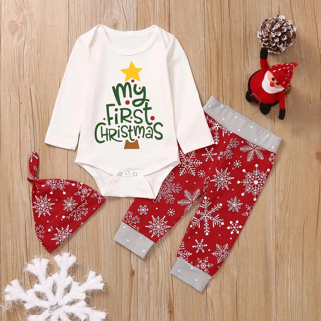 

2019 Baby Long Sleeve Christmas Letter Print Harbin Suit Folding + Cartoon Print Pants + Hat Three-Piece Set детские вещи 40*