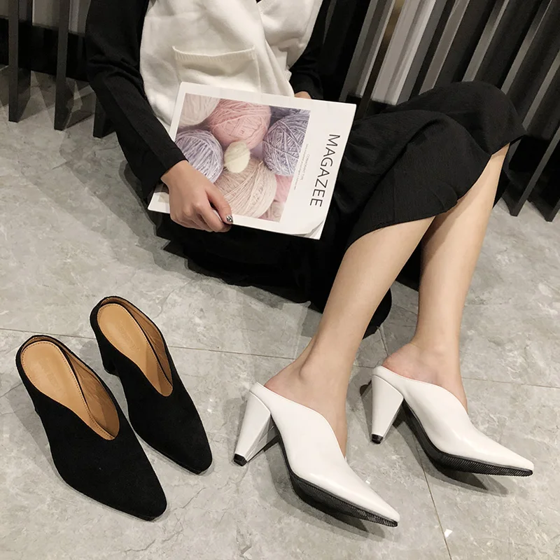 

Woman High Heels Mules Fashion Closed Toe Slippers Casual Slip on Slides Strange Heel Shoes Shallow Sandalias Mujer Black White