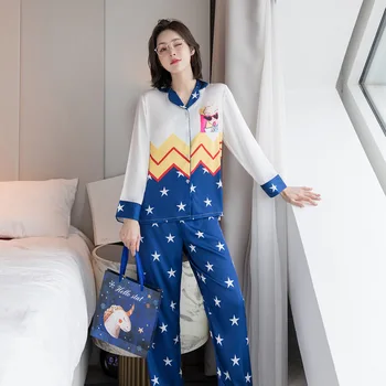 

Sexy Sleepwear Autumn Pijamas Women Print Silk Satin Sleep tops Long Sleeve Shirt Nightwear 2Pcs Women's Pyjamas Casual Homewear