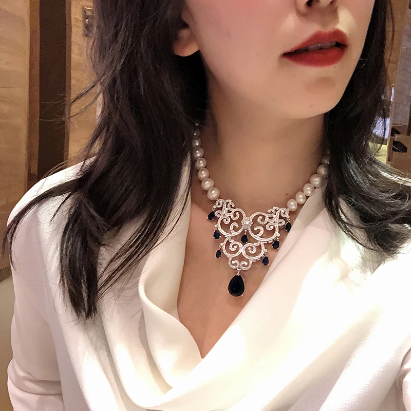 

White natural pearl necklace clavicle retro ethnic style micro inlaid zircon ornaments fashion party trend jewelry choker