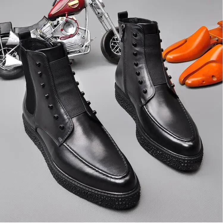 men winter boots Genuine leather boots Martin boots British boots pointed toes and lace-up men's ankle boots lace up men shoes - Цвет: black