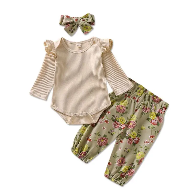 

Autumn Baby Girl Long Sleeve Romper Tops Flower Print Trousers Headband Outfits Clothes New Arrival