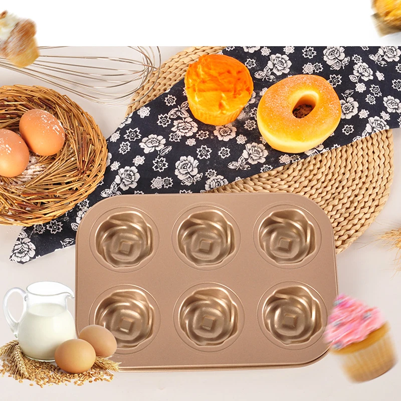 6 Cup Rose Fower Shape Baking Tray Muffin Cake Mold Oven Home Garden Kitchen Dining Carbon Steel Bake Ware |