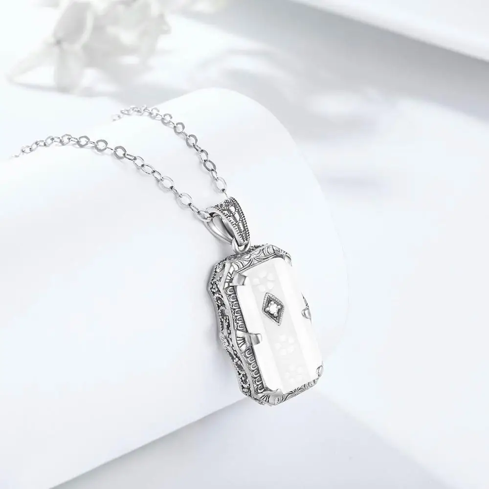 

Women Sterling Silver Pendant Trendy Charming White Agate With Zircon Gemstone Pendant Korean Style Fashion Jewelry Wedding Gift