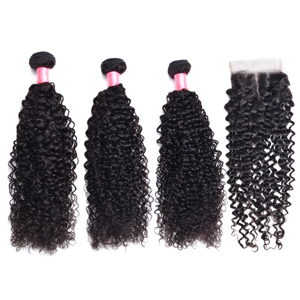 

Curly Human Hair 3 Bundles With Closure Peruvian Human Hair Weaves Bundles With Closure Non Remy Hair Extension