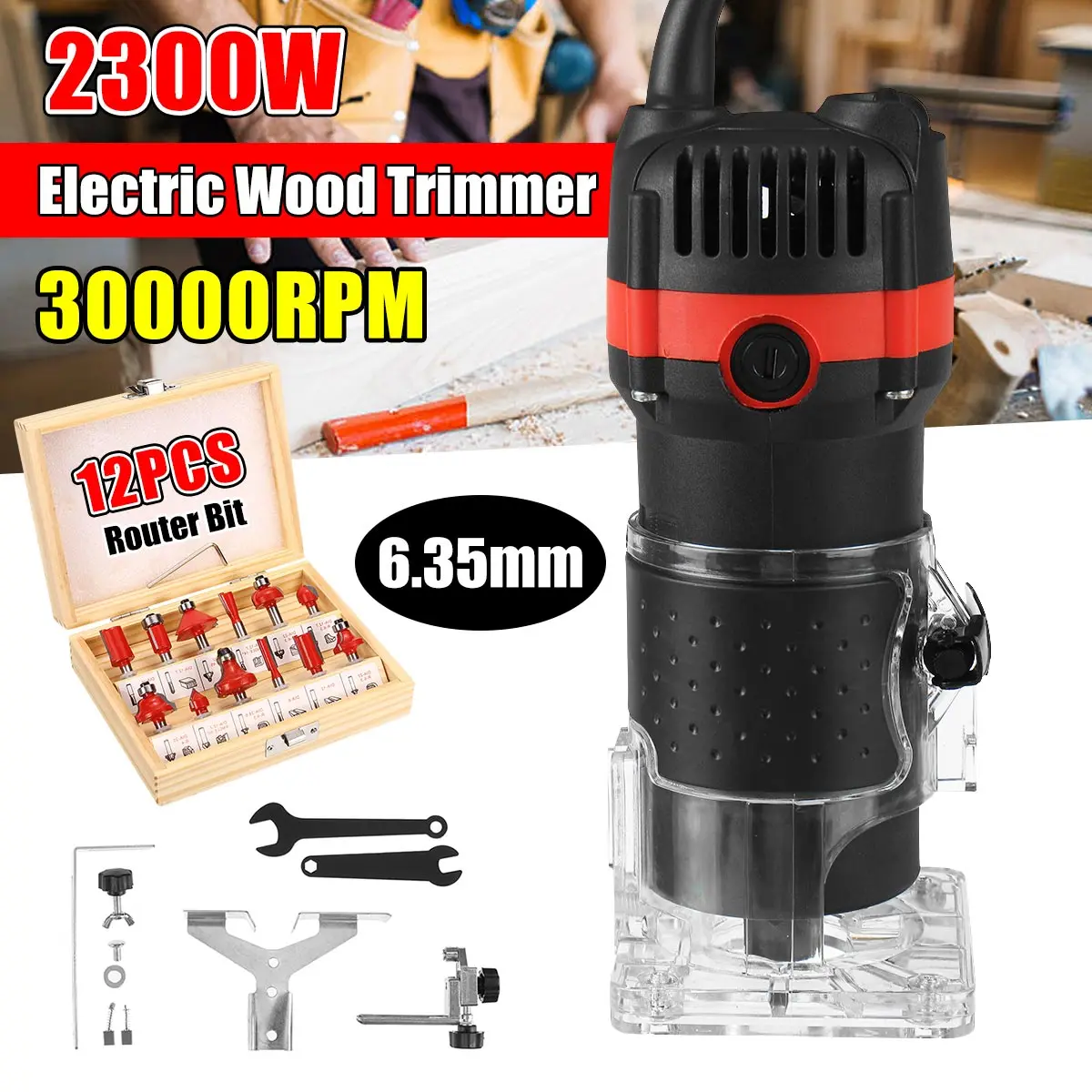 

2300W 30000rpm Wood Electric Hand Trimmer Woodworking Engraving Slotting Trimming Hand Carving Machine Wood Router Joiners Set