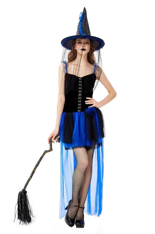 Sexy Gothic Black Witch Mini High-low Dress Adult Halloween Cosplay Costume with Hat