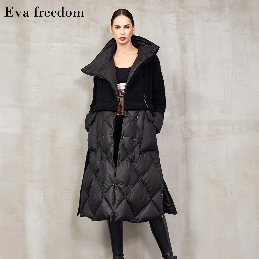 EFATZP, новинка, зимняя женская куртка на утином пуху 90, высокое качество, модный длинный пуховик с заплатками - Цвет: Черный