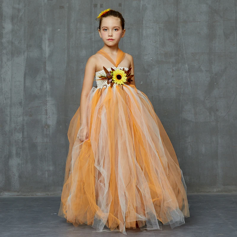 Autumn Scarecrow Girls Tutu Dress Set Kids Halloween Tulle Scare Crow Costume Fall Colored Flower Children Wedding Couture Dress (4)