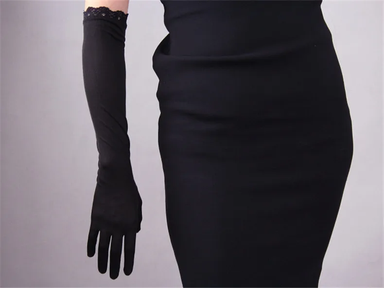 Natural Silk 50cm Long Gloves Elastic Silkworm Silk Sunscreen Long Section Lace Black Touchscreen Women's Gloves WZS03