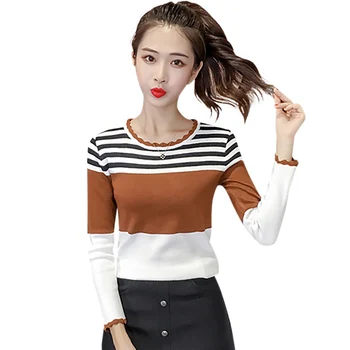 

Women Spring Winter Stripes Print Slim Long Sleeved Round Collar Slim Bottom Knit Sweater