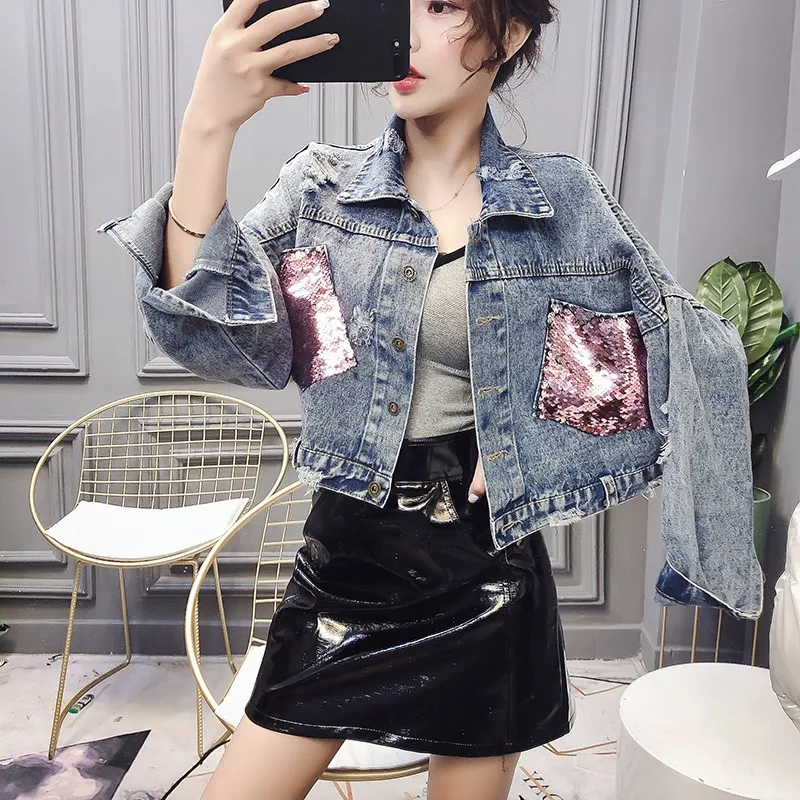 WHITNEY WANG Осенняя мода уличная высокая Талия Блестки Карманы джинсовая куртка женская Стильная джинсовая куртка