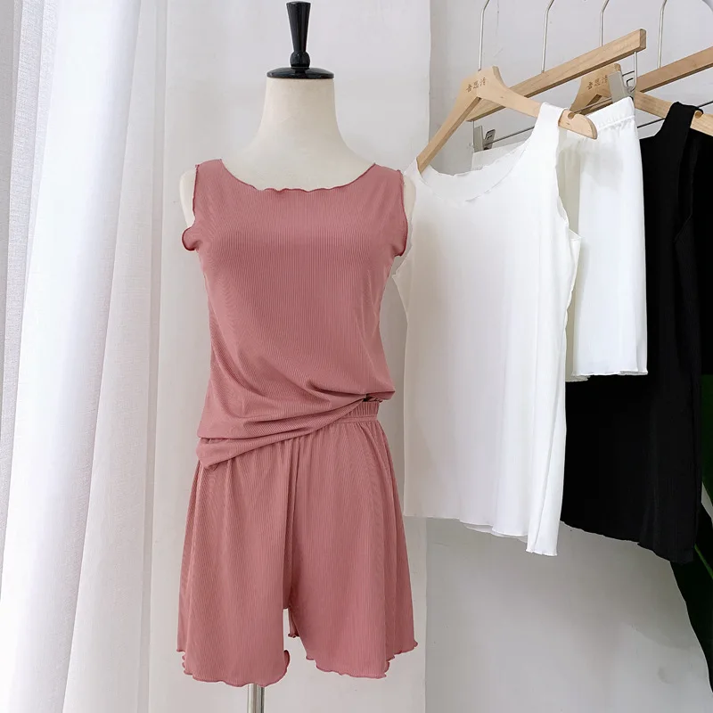 Spring and summer new cute girl pajamas wooden ear round neck vest 2 piece set Pijamas Sexy solid color comfortable home service