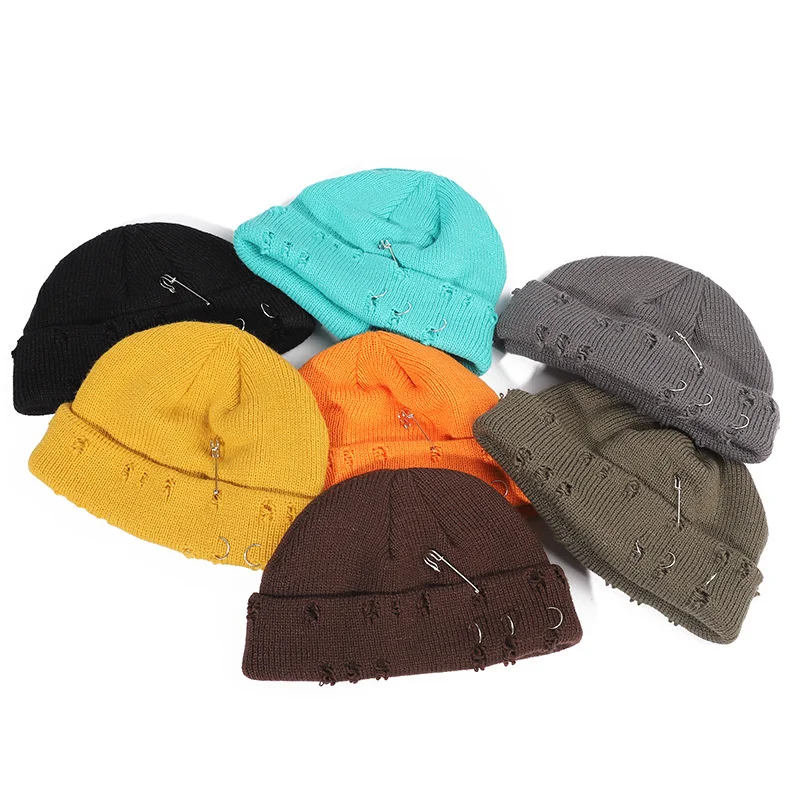 

New Autumn Winter Kpop Solid Color Warm Knitted Hat Men Women Holes Pin Three Ring Beanie Cap Soft Cotton Warm Bonnet