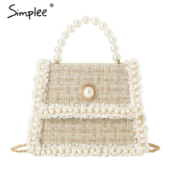 

Elegant plaid women hand bag Bead floral cotton linen shoulder bag Solid pearl chain strap autumn holiday chic tote bag