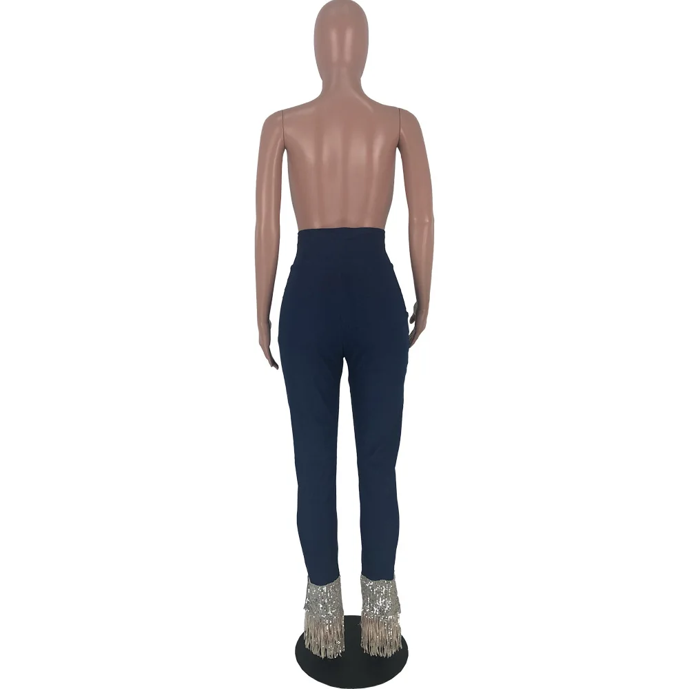 Latest Fashionable Sequins Tassels Women Jeans New High Waist Skinny Pencil Jeans Split Blue Denim Casual Pants Real Photo