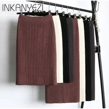 65-75 см эластичная лента женские юбки осень зима теплая трикотажная прямая юбка ребристая юбка средней длины черная-80
