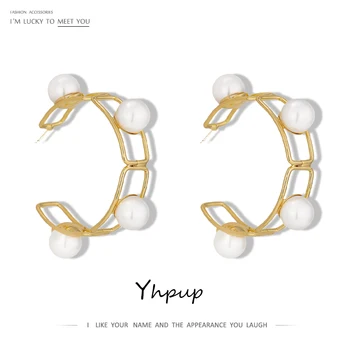 

Yhpup Statement Simulated Pearls Stud Earrings for Women Metal Geometric Hollow Earrings Copper Jewelry Pendientes Mujer Moda