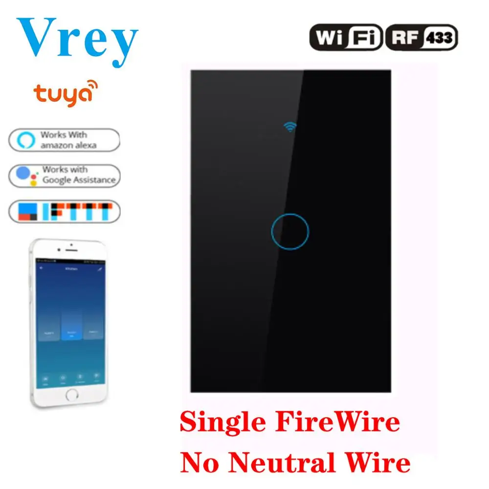 Умный сенсорный выключатель VREY WiFi настенный с дистанционным управлением одним