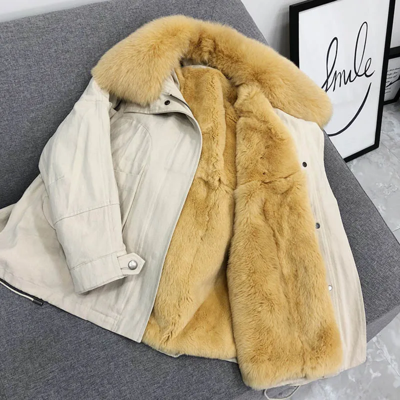 Natural Fur Coats Winter Coat Women Clothes Parkas Real Fur Rex Rabbit Fur Lining With Genuine Fox Fur Collar Female Jacket