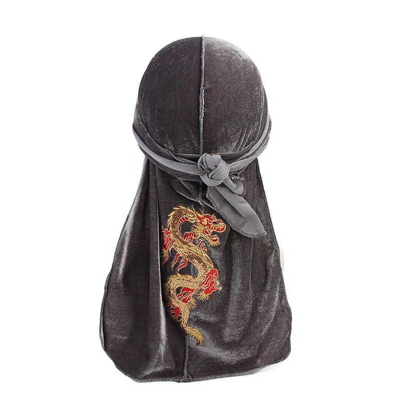 Hot Sale Beach Cap Long-tailed Chinese Dragon Printed Velvet Soft Turban Cap Headscarf Headwear Apparel - Цвет: F