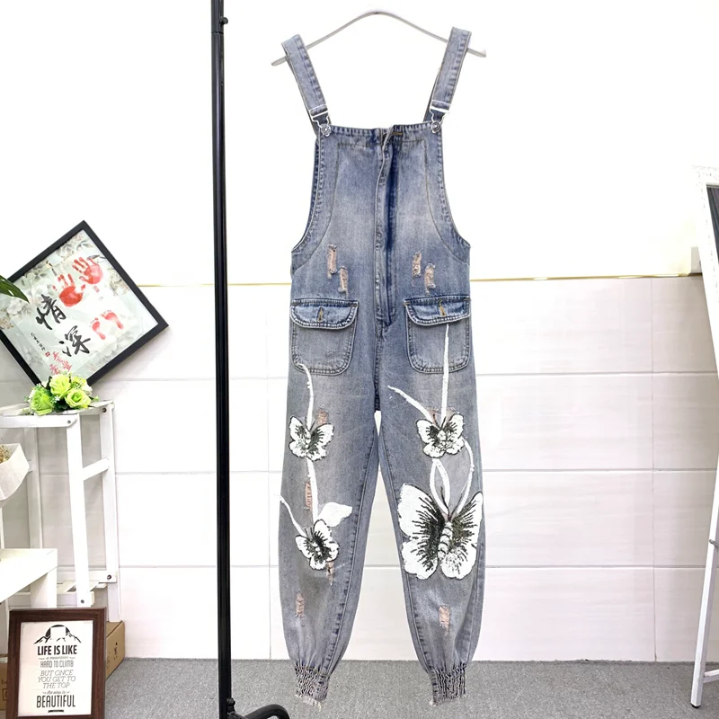 

2020 Spring Summer New Sequin Butterfly Loose Jeans Girls Holes Cowboy Suspender Pants Women Jean Overalls Casual Denim Trouser
