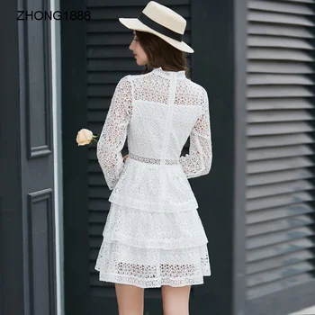 

2020 Young women fashion dress female cake temperament spring white lace dresses hollow out slim zippers elegant