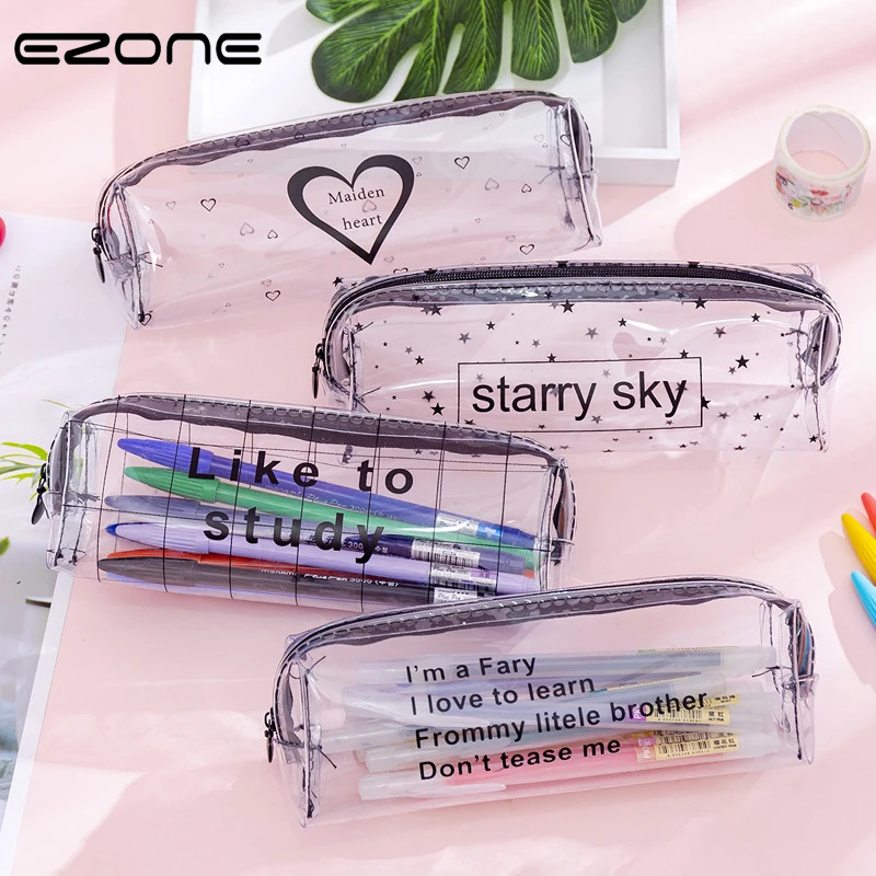 

EZONE Soft PVC Transparent Pencil Bag Zipper Design Pen Bag PVC Waterproof Material Korean Students Stationery Large Capacity