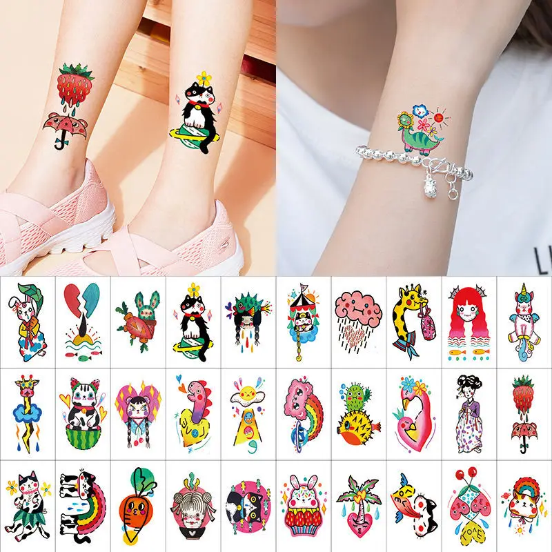 

50PCS Cute Cartoon Temporary Tattoo Stickers for Men Women Children Body Art Waterproof Fake Tattos Arm Wrist Decal Tatoo animal