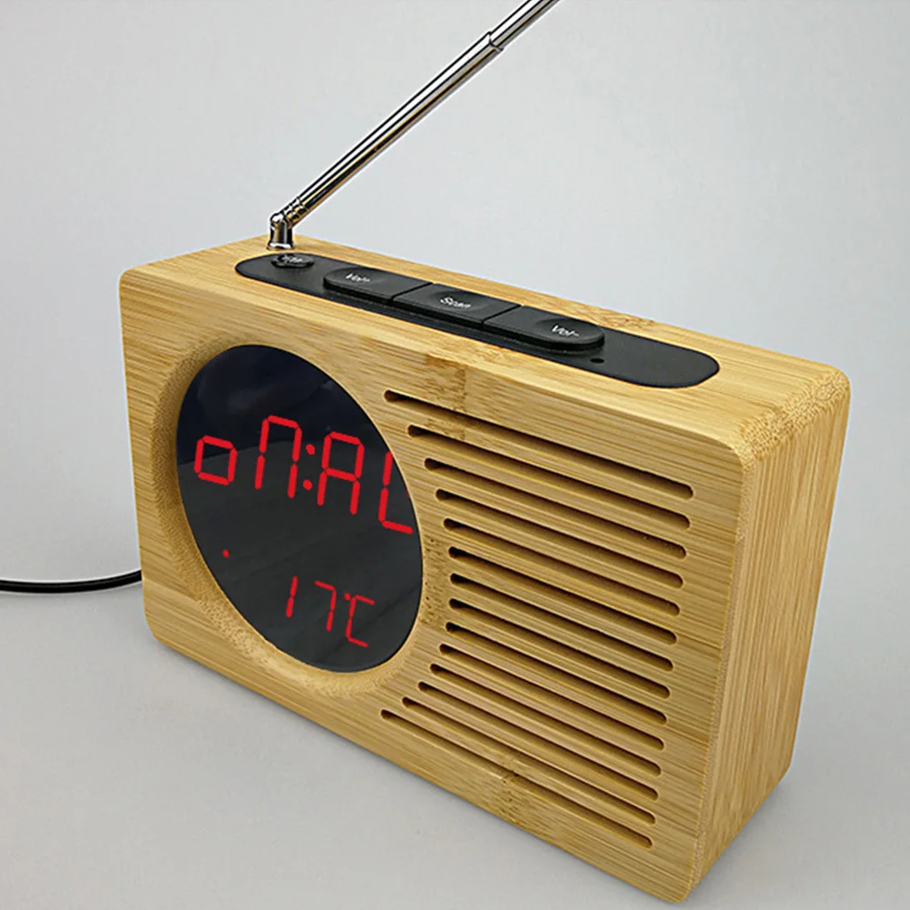 Temperature Display Desk Sounds Control LED Digital Bamboo Alarm Clock Home Silent Vintage Radio Bedside Decorative Travel