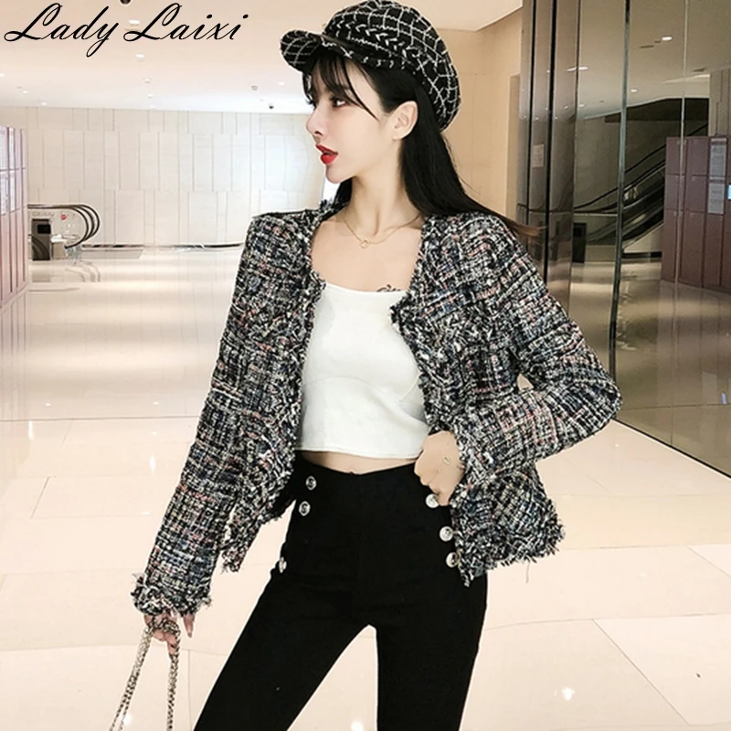 

Autumn winter Hot women jacket Slim Tassel Tweed coat casual O-Neck Long sleeve Plaid Jacket with pocket loose outwear